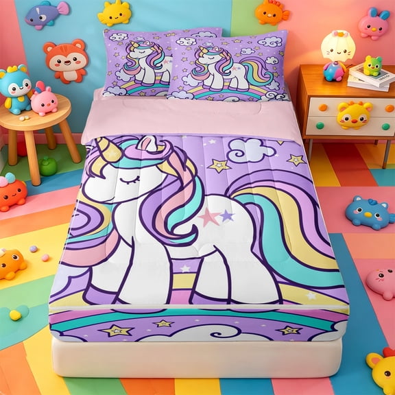 Erosebridal Cartoon Rainbow Unicorn Zipper Twin Comforter Sets with Fitted Sheet and 2 Pillowcases,Cloud Stars Cute Magical Pony Pattern Zipper Bedding Set For Girls,Pink Reversible,4pcs