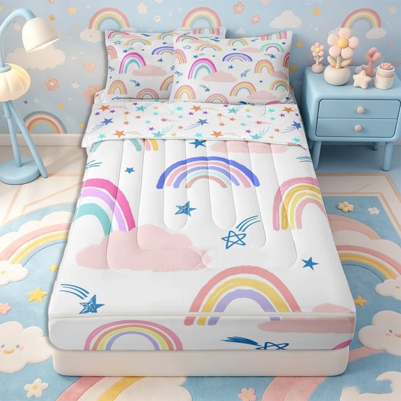Erosebridal Cartoon Rainbow Zipper Twin Comforter Sets with Fitted Sheet and 2 Pillowcases,Cute Star Print Zipper Bedding Set,Blue Pink Yellow,Reversible