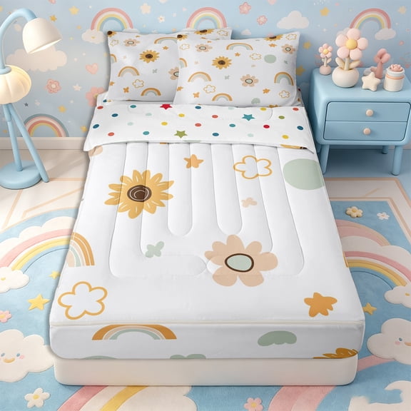 Erosebridal Cartoon Rainbow Zipper Twin Comforter Sets with Fitted Sheet and 2 Pillowcases,Daisy Flower Print Zipper Bedding Set,Green Yellow,Reversible