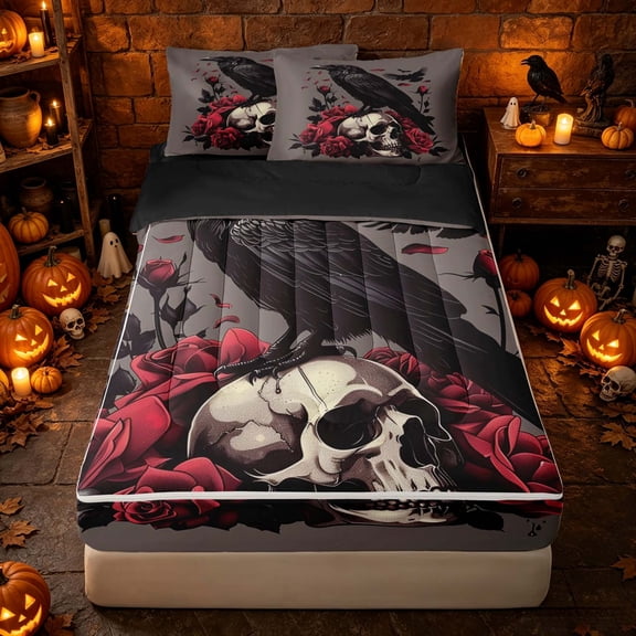 Erosebridal Cartoon Raven Skeleton Zipper Twin Comforter Sets with Fitted Sheet and 2 Pillowcases, Happy Halloween Rose Petal Zipper Bedding Set for Boys Girls, Black Red Taupe, Black Reversible