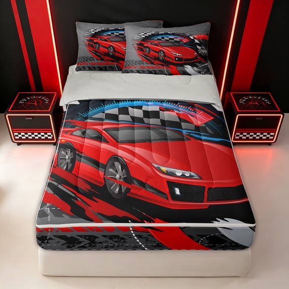 Erosebridal Cartoon Red Race Car Zipper Twin Comforter Sets with Fitted Sheet and 2 Pillowcases for Boys, Racing Track Graffiti Zipper Bedding Set, Gray Reversible, 4-Piece