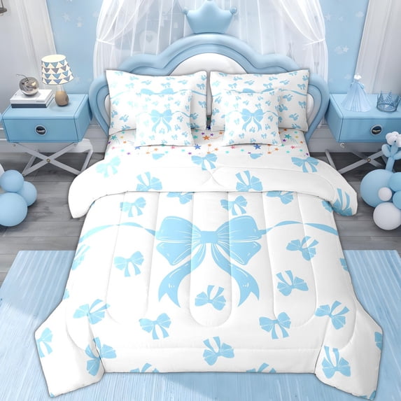 Erosebridal Cartoon Ribbon Bedding Comforter Set 7pcs for Kid, Butterfly Knot Queen Bedding Sets, White Blue