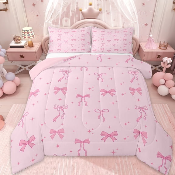 Erosebridal Cartoon Ribbon Bowknot Queen Comforter Set For Kids,Cute Geometric Rhombus Print Bedding Comforter Set,Pink Reversible,3pcs