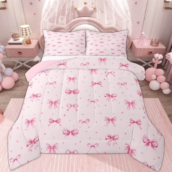 Erosebridal Cartoon Ribbon Full Size Comforter Sets for Kid, Butterfly Knot Bedding Sets, Pink, 3 Pieces