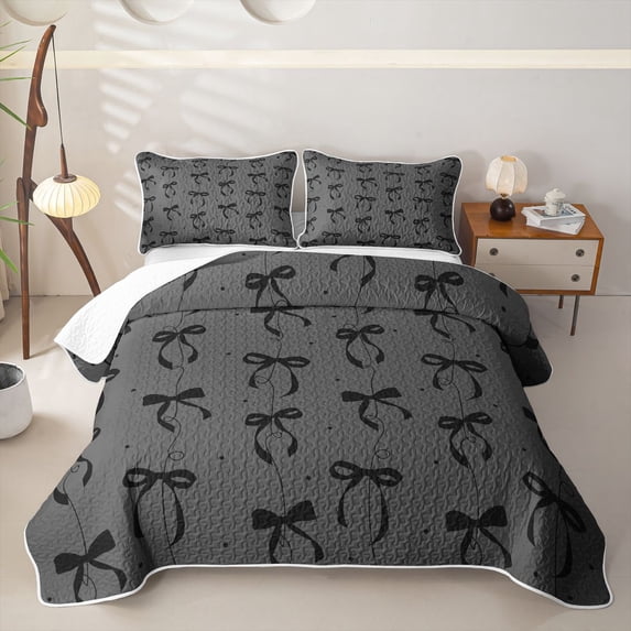 Erosebridal Cartoon Ribbon Girls Quilt King, Fashion Bowknot King Coverlet Set, Grey Black, 3pcs