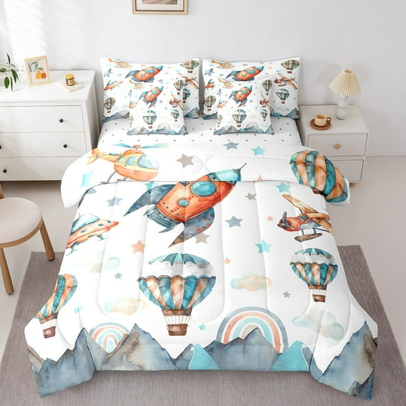 Erosebridal Cartoon Rocket Bed in a Bag Queen size, Hot Air Balloon Bed Set, Rainbow Stars Decor, Reversible 7pcs