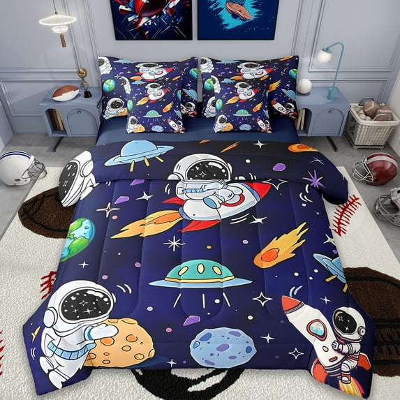 Erosebridal Cartoon Rocket Bedding Full Size,Outer Space Planet Bed Set,Universe Astronaut Bedding Sets Full Size For Boys Kids,Lightweight Bedroom Decorative Reversible,7Pcs
