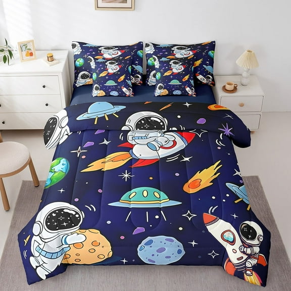 Erosebridal Cartoon Rocket Bedding Sets Queen Size,Outer Space Planet Comforter Sets with Sheets,Universe Astronaut Bed in a Bag Queen Size For Teens,Lightweight Bedroom Decorative Reversible,7-Piece