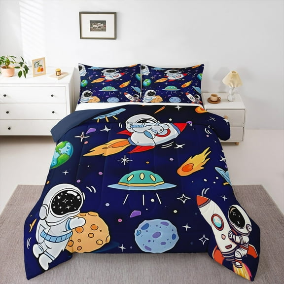Erosebridal Cartoon Rocket Bedding Sets Twin with Comforter,Outer Space Planet Duvet Insert,Universe Astronaut Comforter Sets Twin Size For Teens,Lightweight Bedroom Decorative Reversible,2pcs