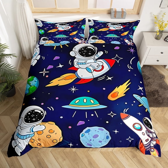 Erosebridal Cartoon Rocket Duvet Cover,Outer Space Planet Bedding Sets Queen Size,Universe Astronaut Comforter Cover Queen For Teens,Lightweight Bedroom Decorative Reversible,3 Pieces（No Comforter）