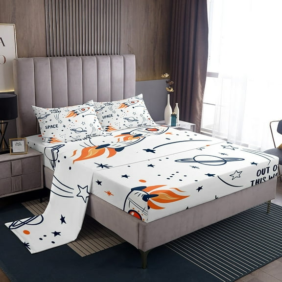 Erosebridal Cartoon Rocket Twin Sheet Sets, Outer Space Bedding Twin Size, Planet Room Decor, 3-Piece