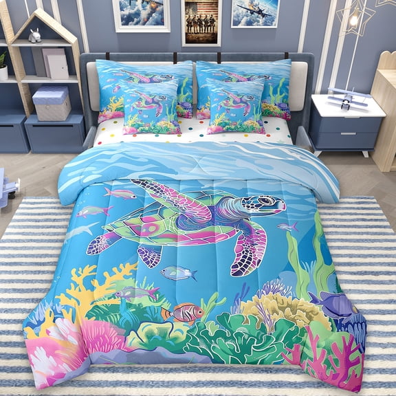 Erosebridal Cartoon Sea Turtle Bedding Full Size,Underwater World Sea Animal Bed Set,Tropical Hawaii Ocean Bedding Sets Full Size, Super Cozy Room Decoration Reversible,7pcs