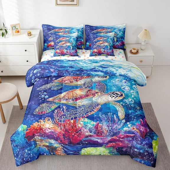 Erosebridal Cartoon Sea Turtle Bedding Full Size, Watercolor Coral Bedding Sets Full Size, Colorful Sea Decor, Reversible