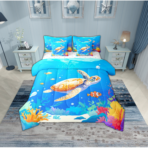 Erosebridal Cartoon Sea Turtle Bedding Sets Twin Size,Ocean Animal Comforter Sets with Sheets,Ultra Soft Bed in a Bag Twin size,Marine Room Decorative,7pcs
