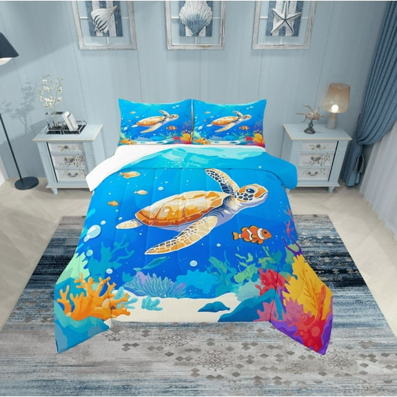 Erosebridal Cartoon Sea Turtle Bedding Twin Comforter Set,Ocean Animal Down Comforter,Ultra Soft Bedding Sets Twin with Comforter,Marine Room Decorative