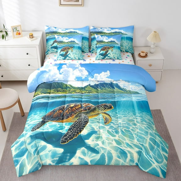 Erosebridal Cartoon Sea Turtle Bedding Twin Size, Marine Wildlife Comforter Sets with Sheets, Ocean Theme Room Decor, Reversible 7pcs