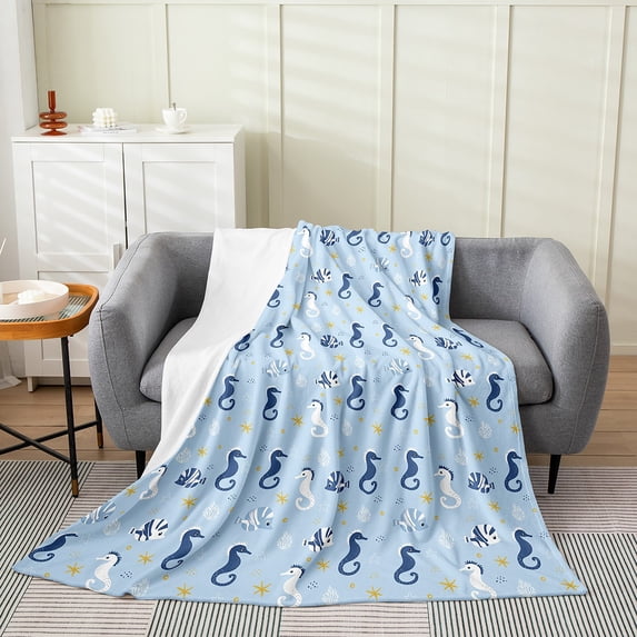 Erosebridal Cartoon Seahorse Blanket Twin 60x80,Kawaii Fish Starfish Throw Blanket,Shell Marine Life Soft Fleece Blanket For Sofa Bed,Ocean Sea Animals All Seasons Fuzzy Blanket