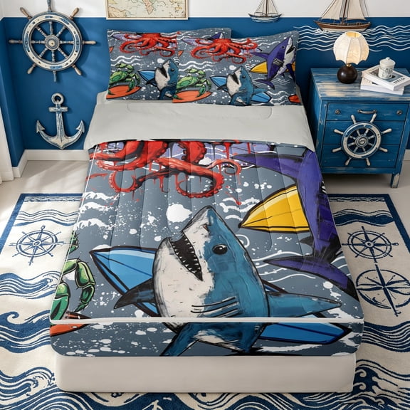 Erosebridal Cartoon Shark Animal Zipper Twin Comforter Sets with Fitted Sheet and 2 Pillowcases for Boys Men, Graffiti Surf Print Zipper Bedding Set, Gray Reversible, 4pcs