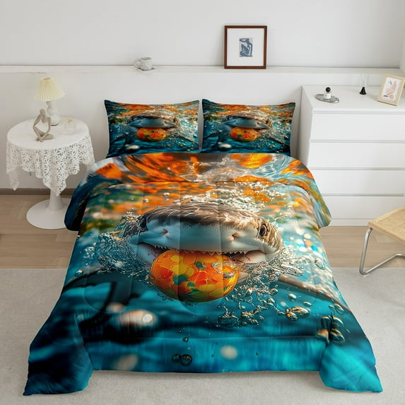 Erosebridal Ocean Shark Comforter Sets King Size, Marine Comforters & Duvets, Orange Ball Decor, Reversible 3pcs