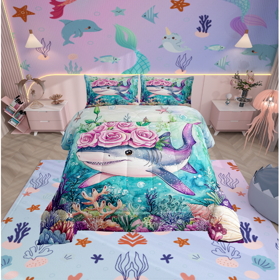 Erosebridal Cartoon Shark Comforter Sets Twin Size, Pink Rose Comforters & Duvets, Colorful Coral Reversible Duvet Insert, Lightweight Room Decoration, 2-Piece
