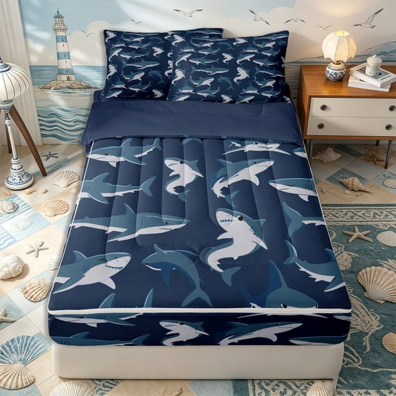 Erosebridal Cartoon Shark Pattern Zipper Queen Comforter Set with Fitted Sheet and 2 Pillowcases,Sea Creature Print Zipper Bedding Set,Navy Blue,Navy Blue Reversible