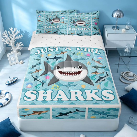 Erosebridal Cartoon Shark Zipper Full Size Comforter Sets with Fitted Sheet and 2 Pillowcases, Ocean Animal Zipper Bedding Set, Reversible