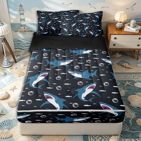 Erosebridal Cartoon Shark Zipper Twin Comforter Sets with Fitted Sheet and 2 Pillowcases,Tiny Fish Print Zipper Bedding Set,Navy Blue,Black Reversible