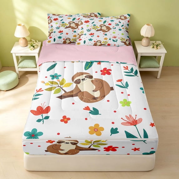 Erosebridal Cartoon Sloth Zipper Twin Comforter Sets with Fitted Sheet and 2 Pillowcases, Kawaii Animal Flower Zipper Bedding Set, Pink Reversible, Brown Beige, Pink Reversible