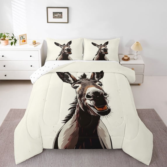Erosebridal Cartoon Smiling Donkey Print Full Size Comforter Sets, Farm Animal Bedding Sets for Kids Boys and Girls, Reversible 3 Pieces, 1 Comforter and 2 Pillowcases
