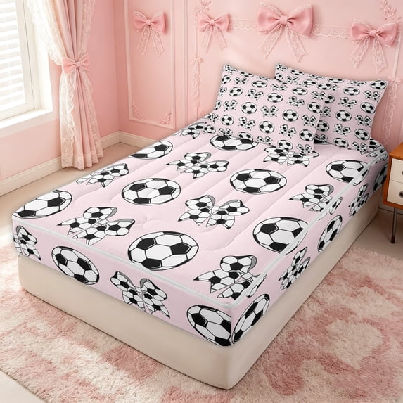 Erosebridal Cartoon Soccer Ball Zipper Twin Comforter Sets with Fitted Sheet and 2 Pillowcases for Girls, Cute Fooball Bow Zipper Bedding Set, Pink Reversible, 4-Piece