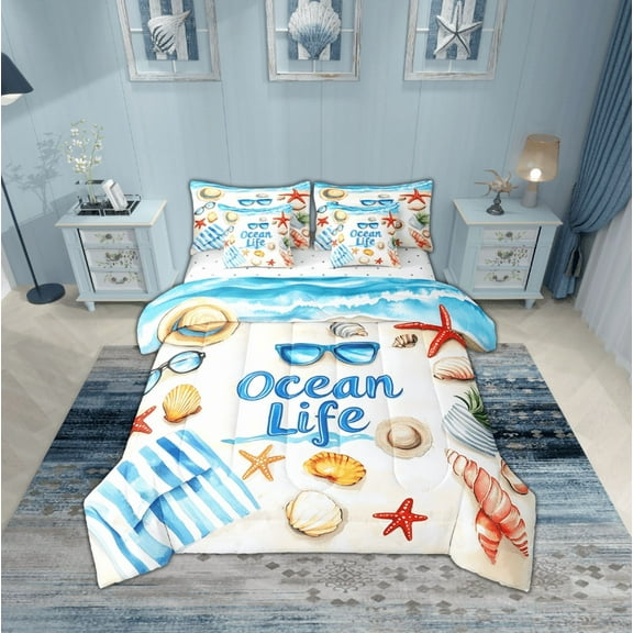 Erosebridal Teen Ocean Life Bedding Sets Twin Size,Hawaiian Beach Comforter Sets with Sheets,Sea Room Decorative,Breathable,7pcs