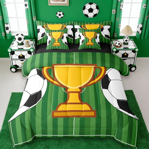 Erosebridal Cartoon Soccer Trophy 7pcs Bedding Comforter Set,Football Sport Games Queen Bedding Sets For Kids,Reversible Black