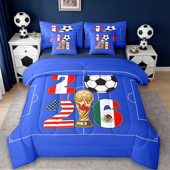 Erosebridal Cartoon Soccer Trophy 7pcs Bedding Comforter Set,Western Football Sport Games Queen Bedding Sets For Kids Teens,Reversible Navy