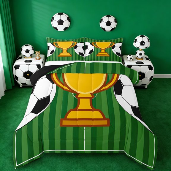 Erosebridal Cartoon Soccer Trophy Queen Comforter Set,Football Sport Games Bedding Comforter Set For Kids,Reversible Black 3pcs