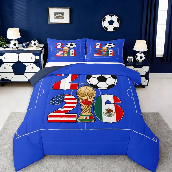 Erosebridal Cartoon Soccer Trophy Queen Comforter Set,Western Football Sport Games Bedding Comforter Set For Kids Teens,Reversible Navy 3pcs