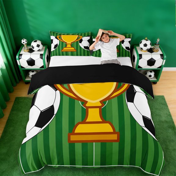 Erosebridal Cartoon Soccer Trophy Queen Duvet Cover Set,Football Sport Games Bedding For Kids,Reversible Black 3pcs,No Comforter