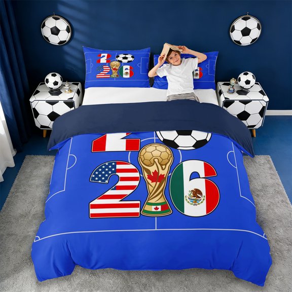 Erosebridal Cartoon Soccer Trophy Queen Duvet Cover Set,Western Football Sport Games Bedding For Kids Teens,Reversible Navy 3pcs,No Comforter