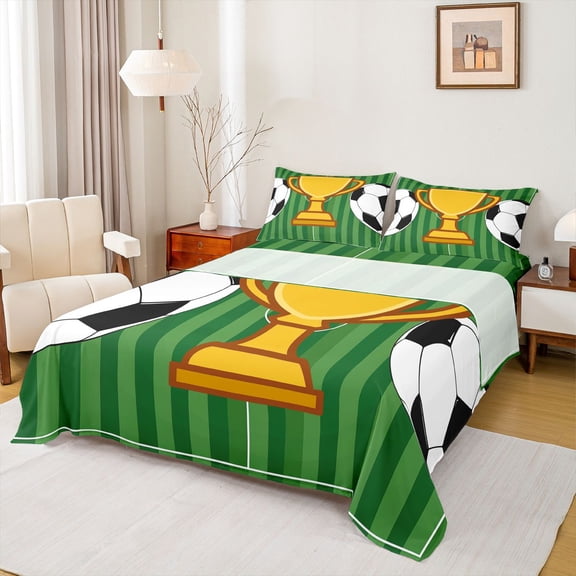 Erosebridal Cartoon Soccer Trophy Queen Sheet Sets,Football Sport Games Bed Set For Kids 4pcs