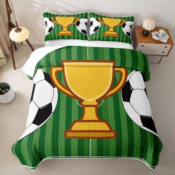 Erosebridal Cartoon Soccer Trophy Quilt Full,Football Sport Games Full Bedspread Sets For Kids,3pcs