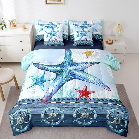 Erosebridal Cartoon Starfish Bedding Sets Queen Size, Nautical Wheel Comforter Sets with Sheets, Sea Coral Bedroom Decor, Reversible