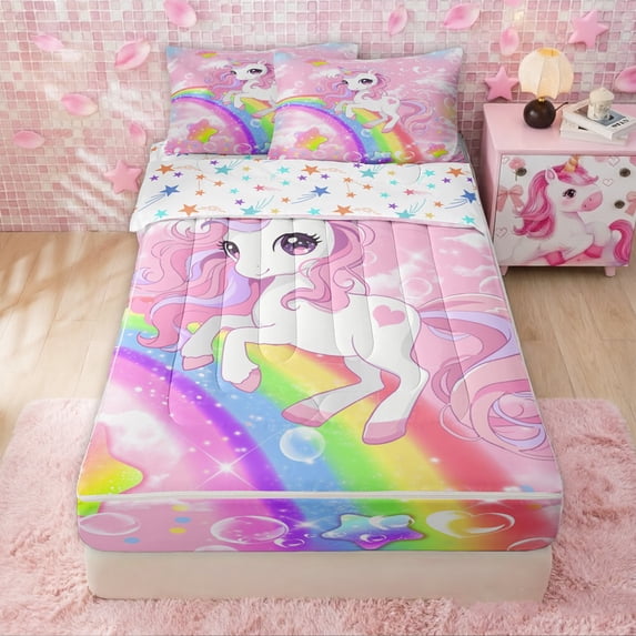 Erosebridal Cartoon Stars Unicorn Zipper Twin Comforter Sets with Fitted Sheet and 2 Pillowcases for Girls, Rainbow Love Heart Print Zipper Bedding Set, Stars Reversible, 4pcs