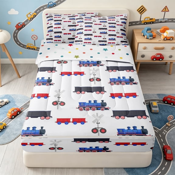Erosebridal Cartoon Steam Train Zipper Twin Comforter Sets with Fitted Sheet and 2 Pillowcases,Cute Railroad Toy Zipper Bedding Set For Boys,Polkadot Reversible,4-Piece