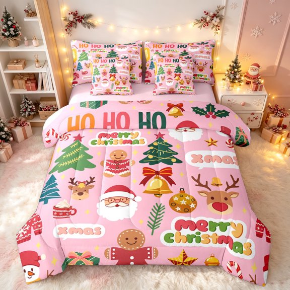 Erosebridal Cartoon Stocking Full Size Bedding Sets, Christmas Tree Full Size Bed in a Bag, Pink, Pink Reversible, 7-Piece