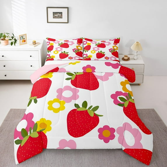 Erosebridal Cartoon Strawberry Bedding Twin Comforter Set,Kawaii Flower Down Comforter,Floral Decoration,Reversible,Lightweight,2-Piece
