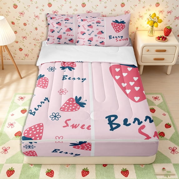 Erosebridal Cartoon Strawberry Zipper Twin Comforter Sets with Fitted Sheet and 2 Pillowcases,Hand Lettered Berry Print Zipper Bedding Set,Pink Navy White