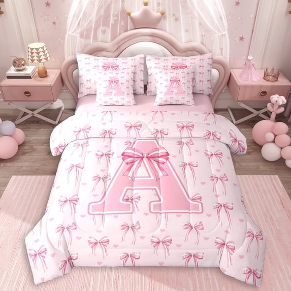 Erosebridal Cartoon Stripes Bow Twin Bedding Sets 7-Piece For Teens,Girls Pink Personalized Initial A Bedding Comforter Set,Pink Reversible