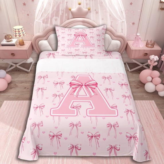Erosebridal Cartoon Stripes Bow Twin Sheet Sets 3pcs For Teens,Girls Pink Personalized Initial A Bedding