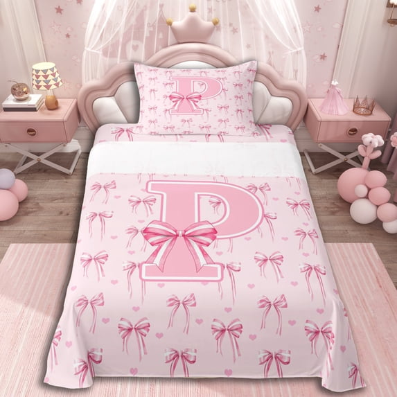 Erosebridal Cartoon Stripes Bow Twin Sheet Sets 3pcs For Teens,Girls Pink Personalized Initial P Bedding