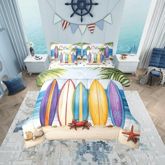 Erosebridal Cartoon Surfboard Bed in a Bag Queen size, Red Crab Bed Set, Marine Ocean Reversible Bedding Queen Size, Ultra Soft Room Decoration, 7 Pieces