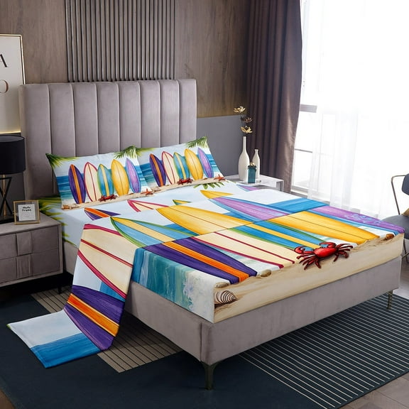 Erosebridal Cartoon Surfboard Bed Sheets Set Twin Size, Red Crab Bed Sheets Twin, Marine Ocean Twin Sheet Sets, Ultra Soft Room Decoration, 3 Pieces